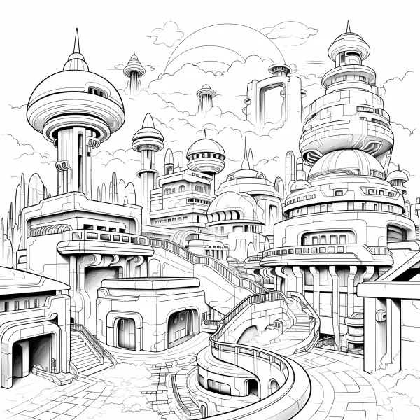 Futuristic sci-fi city buildings complex, sci-fi line art style — free printable future city coloring book page
