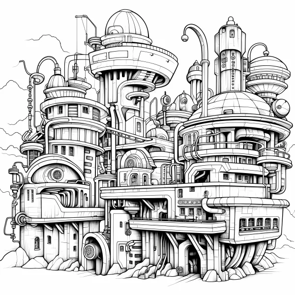 Futuristic sci-fi building complex, sci-fi futurist style — free printable architecture coloring book page