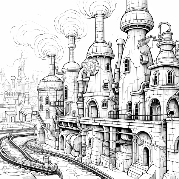 Steampunk industrial building complex with train tracks and small train, steampunk style — free printable architecture coloring book page