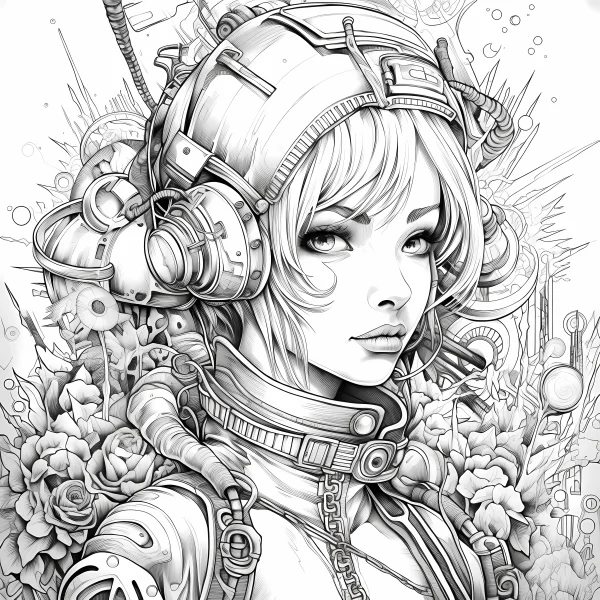 Cyberpunk mechanical girl with cyber helmet and headphones, anime cyberpunk style — free printable cyberpunk coloring book page