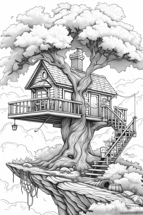 Cliff treehouse, sketch style — free printable outdoor living coloring book page