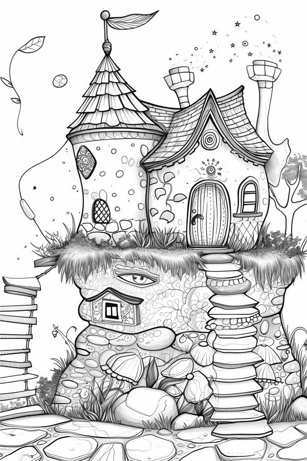 Whimsical fairy house on anthropomorphic rock, fairy tale and fantasy style — free printable architecture coloring book page