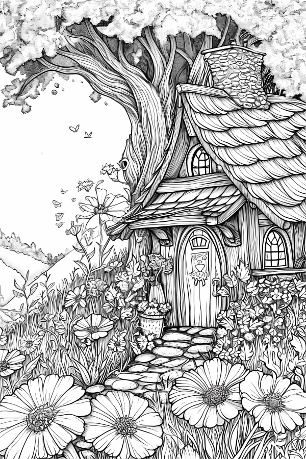 Forest fairy tale treehouse, surrounded by various flowers — free printable pastoral coloring book page