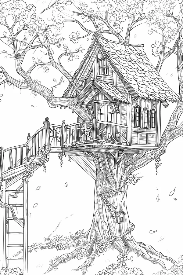 Large tree house built on a giant tree, realistic line art style — free printable outdoor living coloring book page