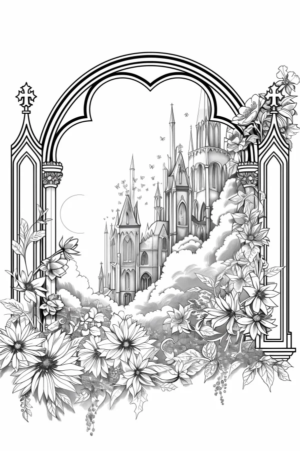 Gothic castle surrounded by floral arch, fairy tale fantasy style — free printable architecture coloring book page