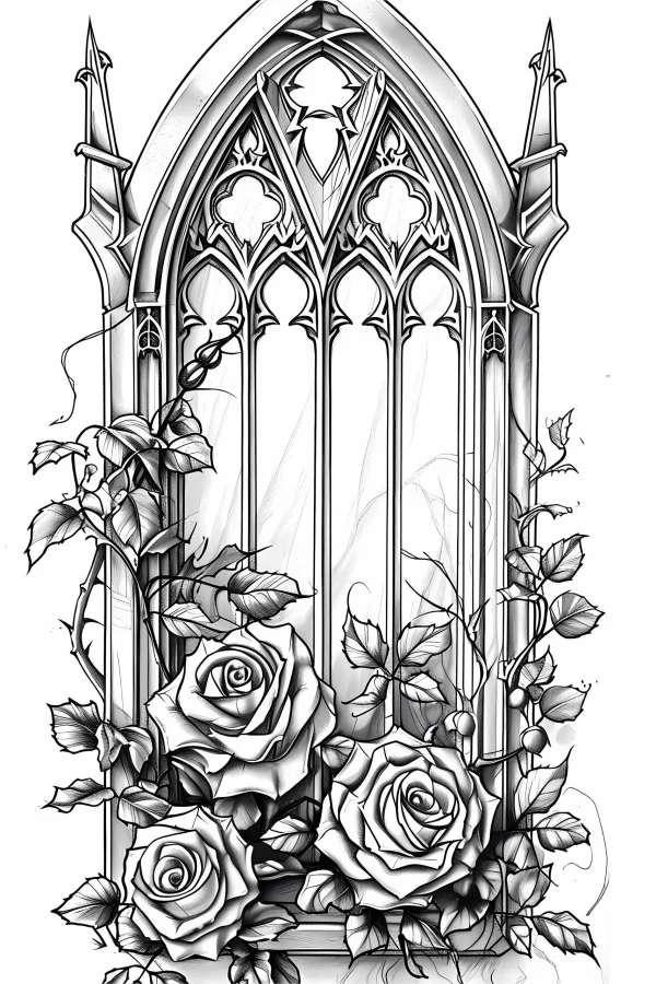 Gothic arched window surrounded by rose vines and leaves, gothic style — free printable goth culture coloring book page