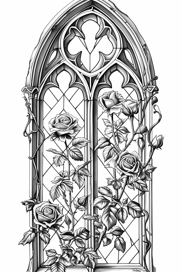 Gothic window with rose vines and leaves, gothic style — free printable gothic coloring book page