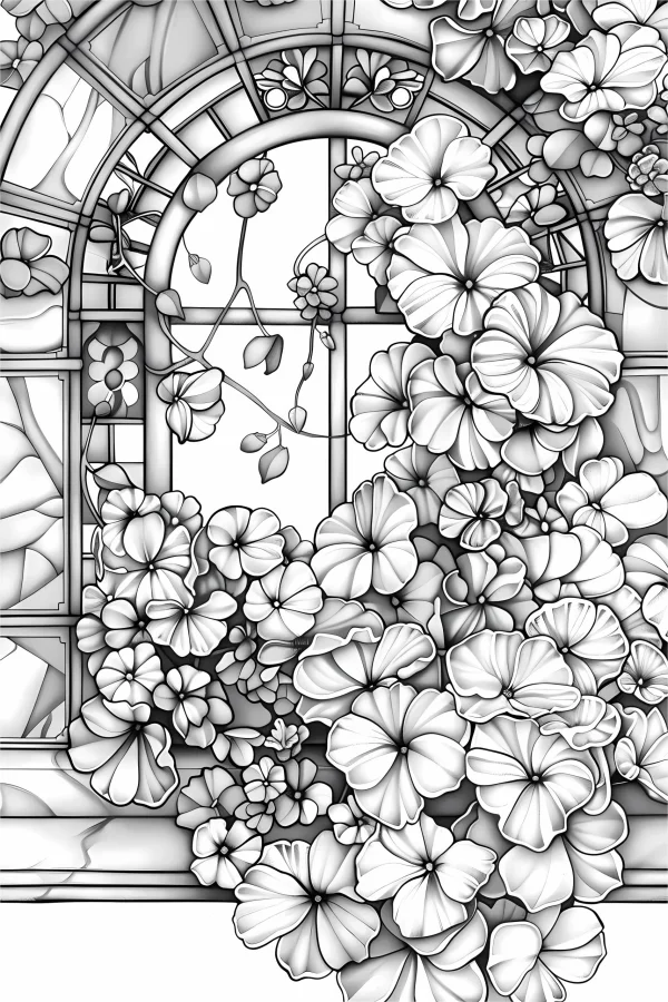 Lush flowers by stained glass window, realistic line art style — free printable home coloring book page