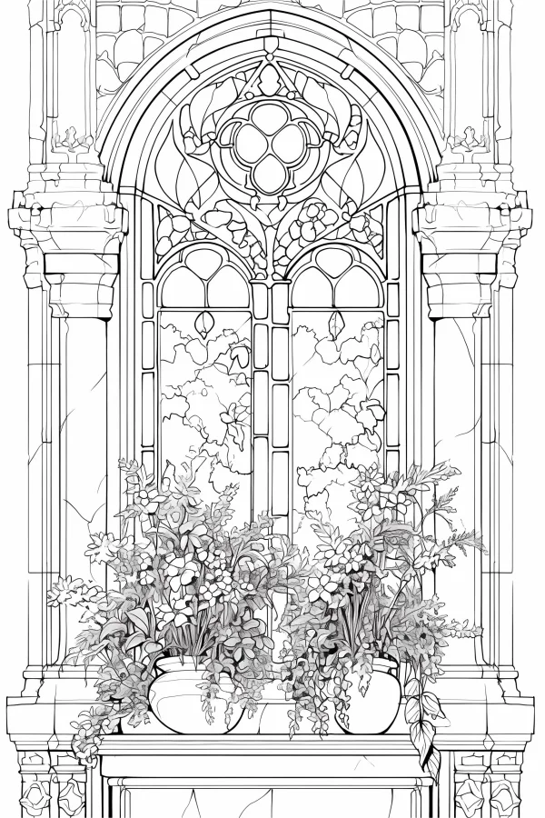 Gothic arched window with potted flowers, gothic architectural style — free printable architecture coloring book page