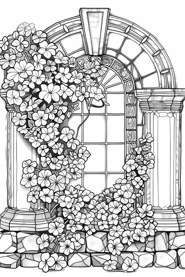 Vintage archway with clover vines and stone pillars, retro style — free printable architecture coloring book page