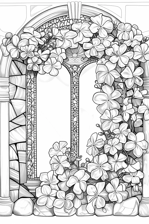 Arched stone window surrounded by blooming flowers and vines, realistic line art — free printable architecture coloring book page