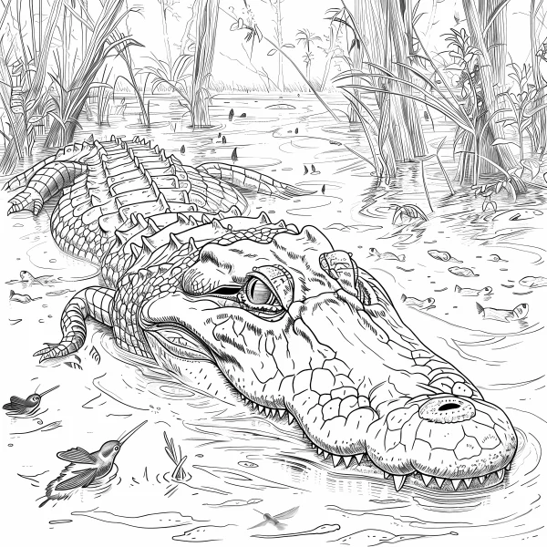 Realistic swamp crocodile, sketch style — free printable wetland coloring book page