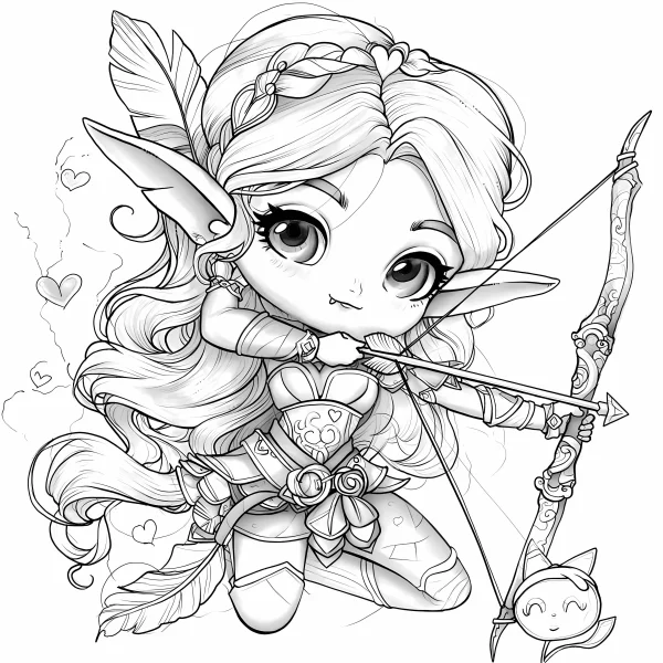 Coloring book page, chibi elf archer — free printable cartoon coloring book page