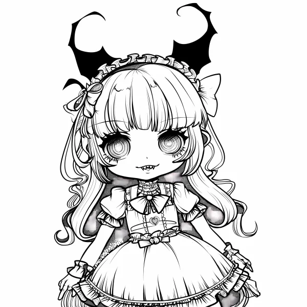 Gothic demon cartoon girl, chibi style — free printable gothic coloring book page
