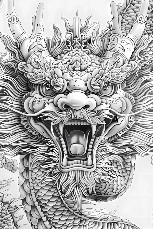 Majestic chinese dragon head, chinese style — free printable dragon coloring book page