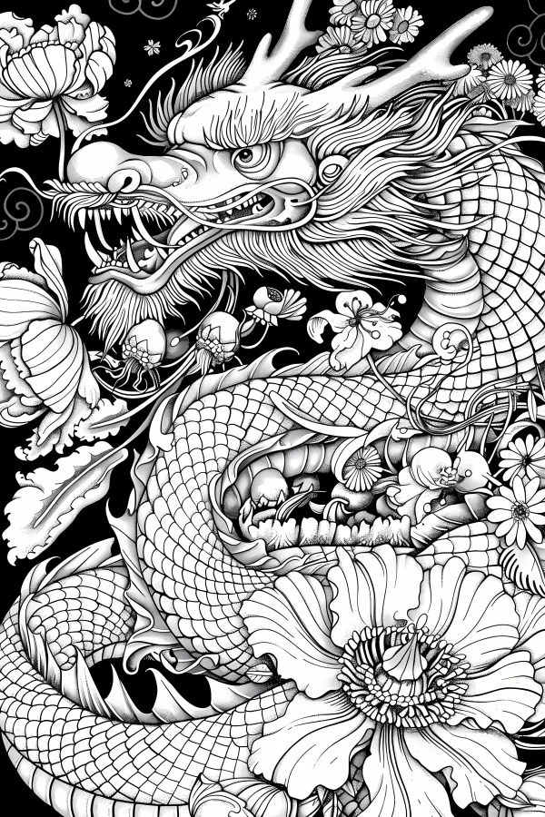 Chinese dragon intertwined with peonies and vines, chinese style — free printable chinese style coloring book page