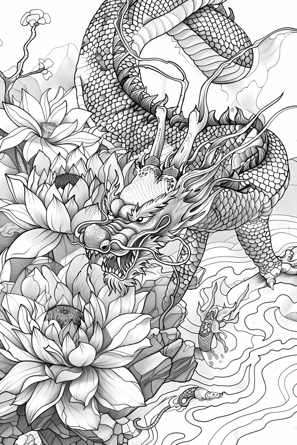 Chinese dragon with lotus flowers, chinese traditional style — free printable chinese style coloring book page