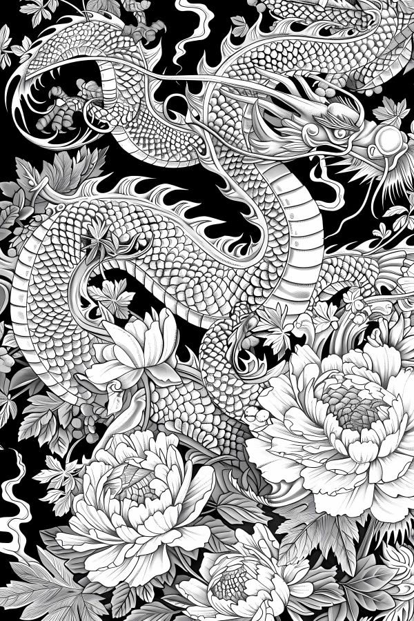 Chinese style auspicious dragon with peonies, intricate traditional chinese floral and vine patterns — free printable chinese style coloring book page