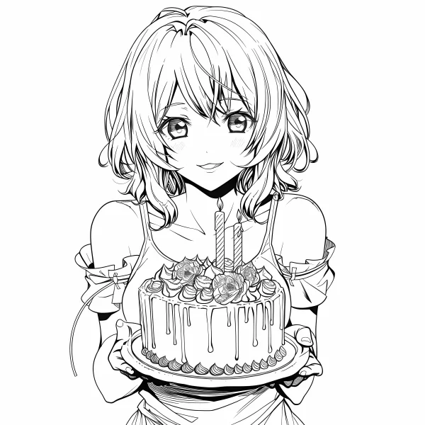 Anime girl holding a birthday cake with candles, fine smooth hand-drawn outlines — free printable birthday coloring book page