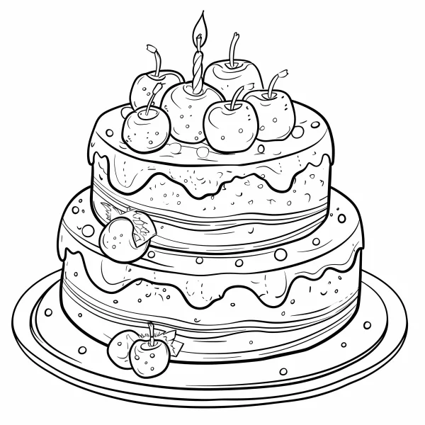 Two-layer birthday cake with cherries and strawberries, cartoon style — free printable birthday coloring book page
