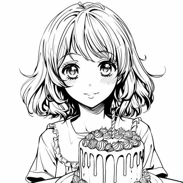 Cute girl holding birthday cake with candle, anime cartoon style — free printable birthday coloring book page