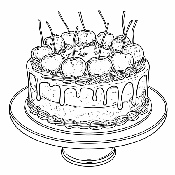 Cake decorated with cherries on a cake stand, cartoon style — free printable birthday coloring book page