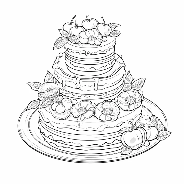 Three-tier decorated cake with apples, flowers and green leaves — free printable birthday coloring book page