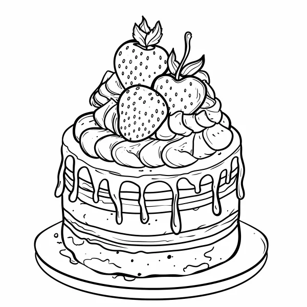 Decorated cream fruit cake with strawberries and cherries, cartoon style — free printable birthday coloring book page