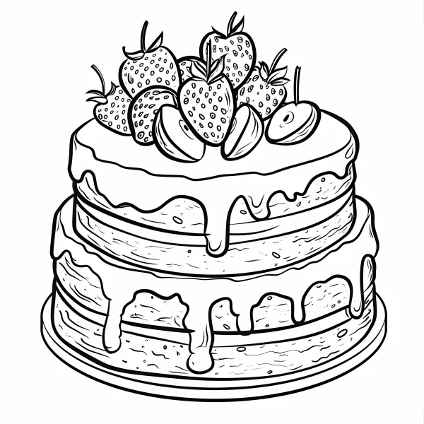 Two-layer fruit cake decorated with strawberries and fruit slices, cartoon style — free printable birthday coloring book page