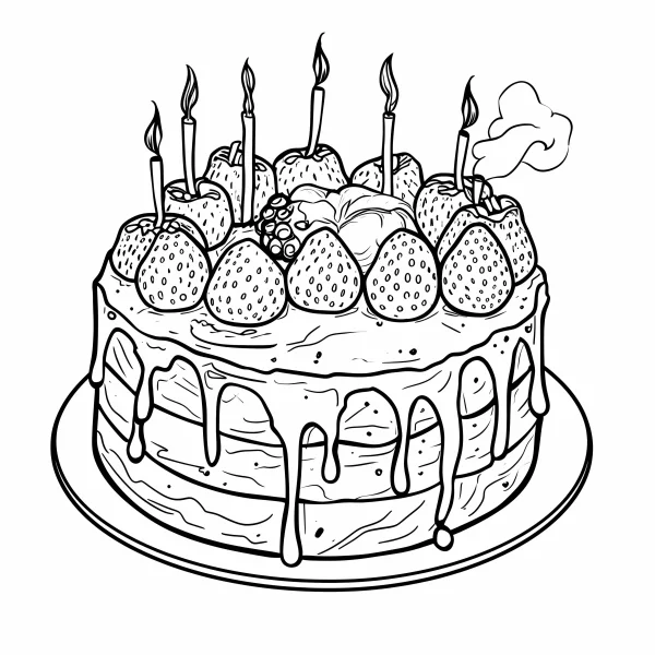 Strawberry birthday cake with lit candles, cartoon style — free printable birthday coloring book page