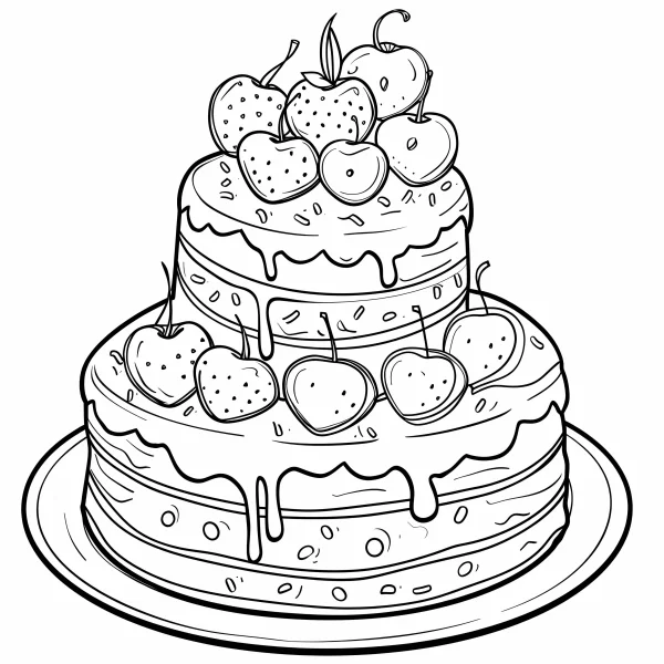 Double-layer strawberry cake on a plate, cartoon style — free printable birthday coloring book page