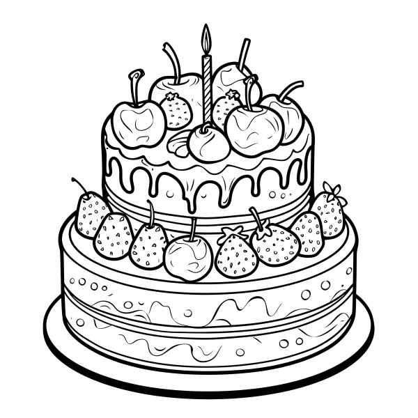 Two-tier fruit birthday cake decorated with strawberries, apples and a candle — free printable birthday coloring book page