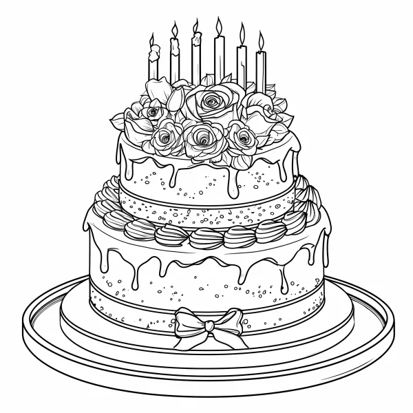 Two-tier birthday cake decorated with candles and roses, realistic line art — free printable birthday coloring book page