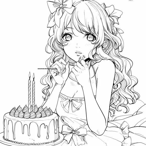 Curly-haired girl eating birthday cake, anime style — free printable birthday coloring book page