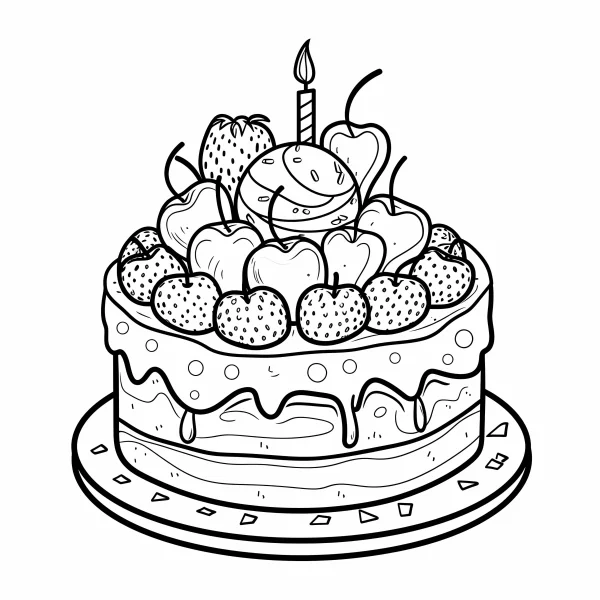 Birthday cake decorated with strawberries and heart-shaped cherries, cartoon style — free printable birthday coloring book page
