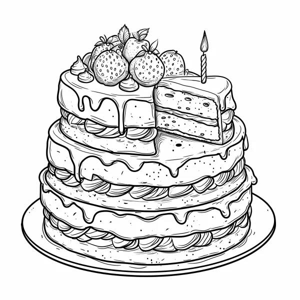 Three-tier birthday cake with strawberries and a candle, fine clean outlines — free printable birthday coloring book page