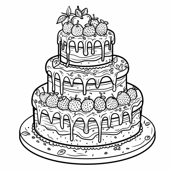 Three-tiered strawberry drizzle cake placed on a round plate, cartoon illustration style — free printable birthday coloring book page