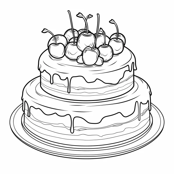 Two-tiered cake with cherries on top, cartoon sketch style — free printable birthday coloring book page