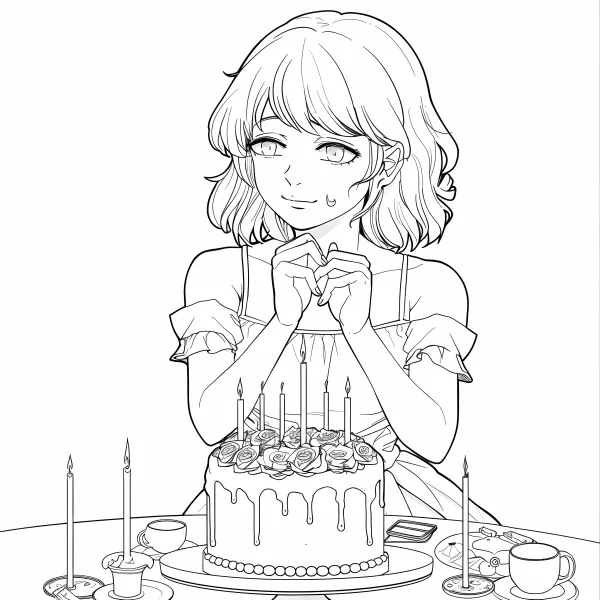 Girl making heart gesture in front of birthday cake with candles and roses, anime style — free printable party coloring book page