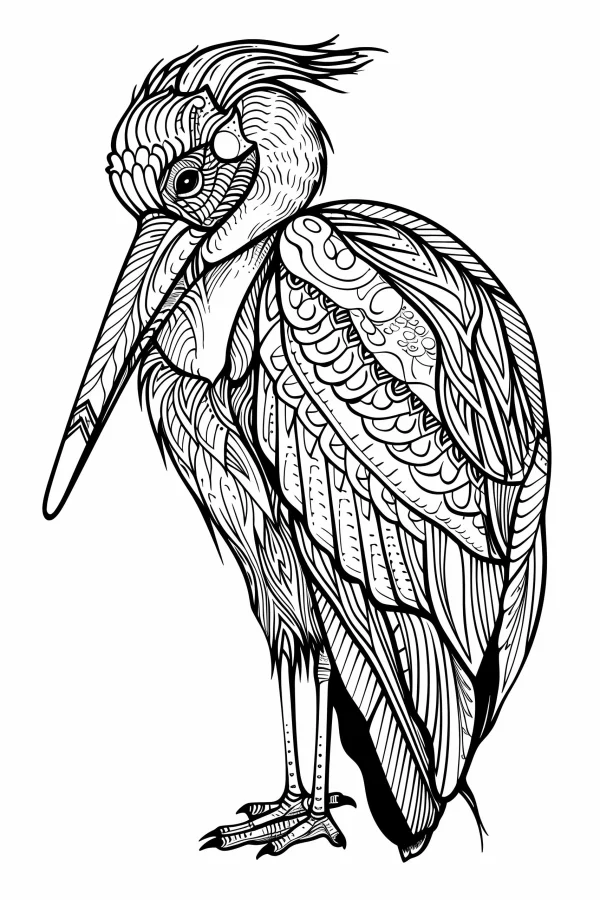 Zentangle-style shoebill stork, intricate decorative patterns covering feathers and body — free printable birds coloring book page