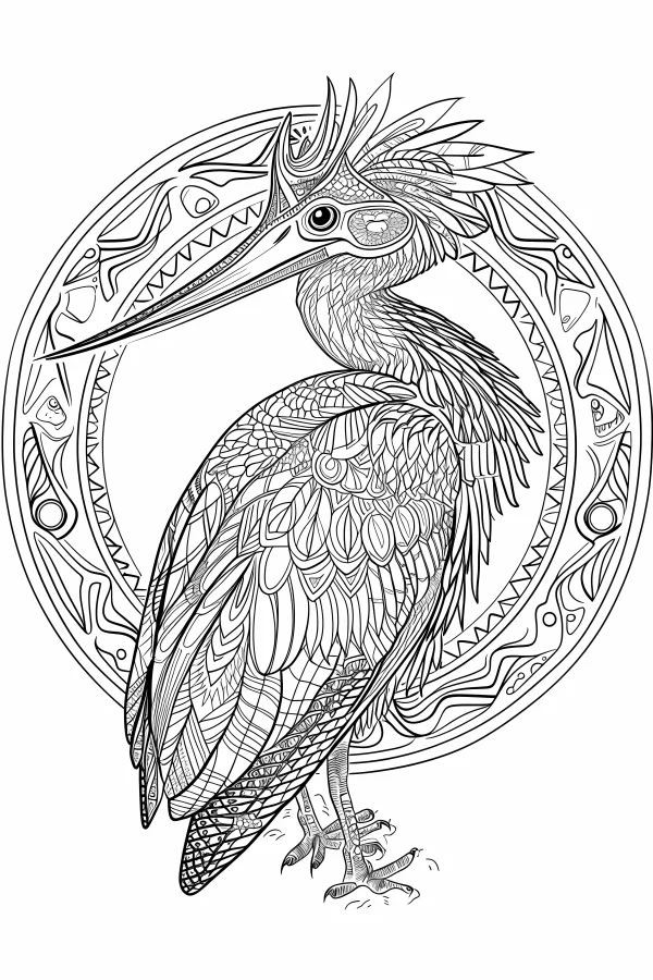Mandala-style heron, zentangle art — free printable creative art coloring book page