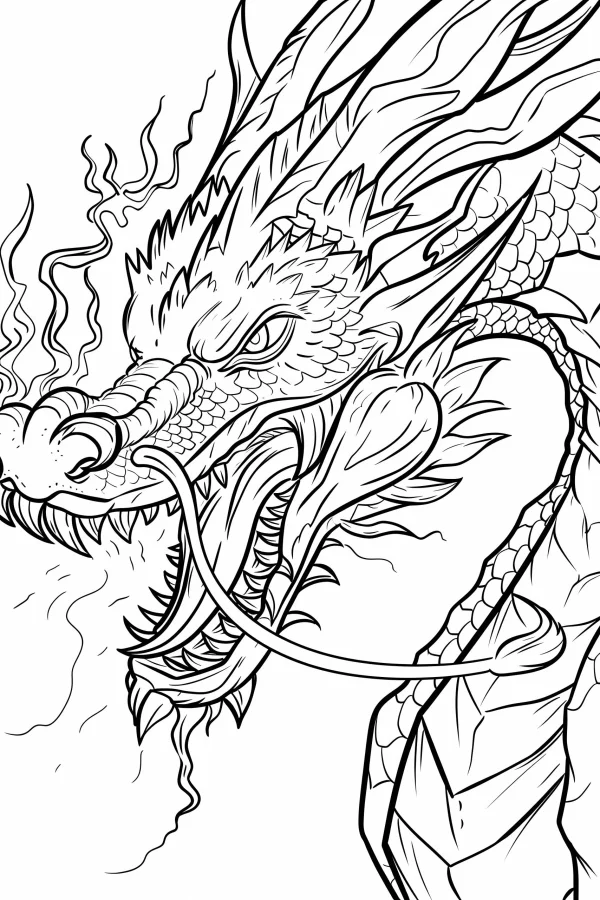 Majestic chinese dragon head, chinese fantasy style — free printable chinese style coloring book page