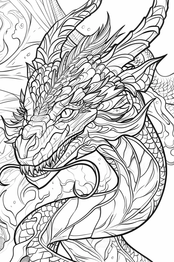 Intricate chinese dragon head, fantasy and chinese style — free printable chinese style coloring book page