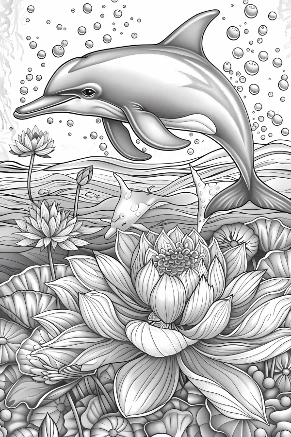 Dolphin with large lotus flower, aquatic scene with lily pads — free printable animal theme coloring book page