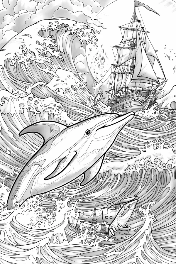 Dolphin and sailing ship in stormy ocean waves, realistic line art style — free printable sailing coloring book page