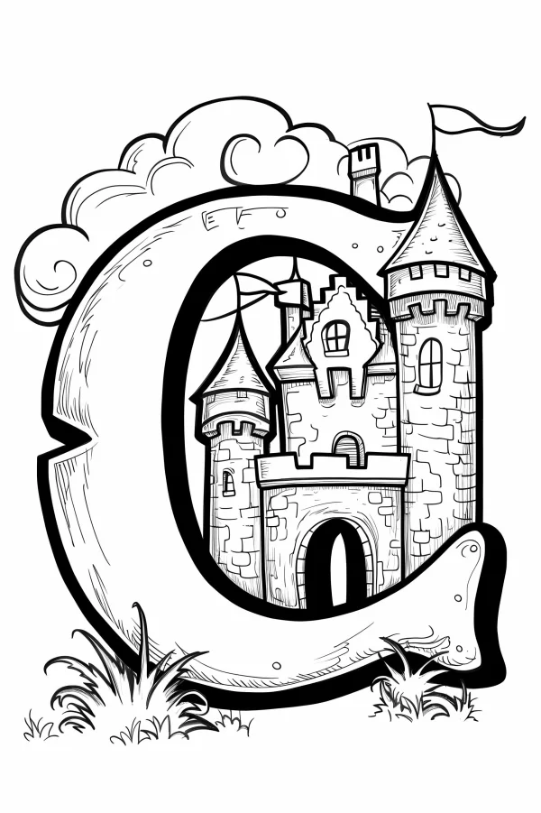 Fairytale castle integrated into letter c, cartoon style — free printable architecture coloring book page