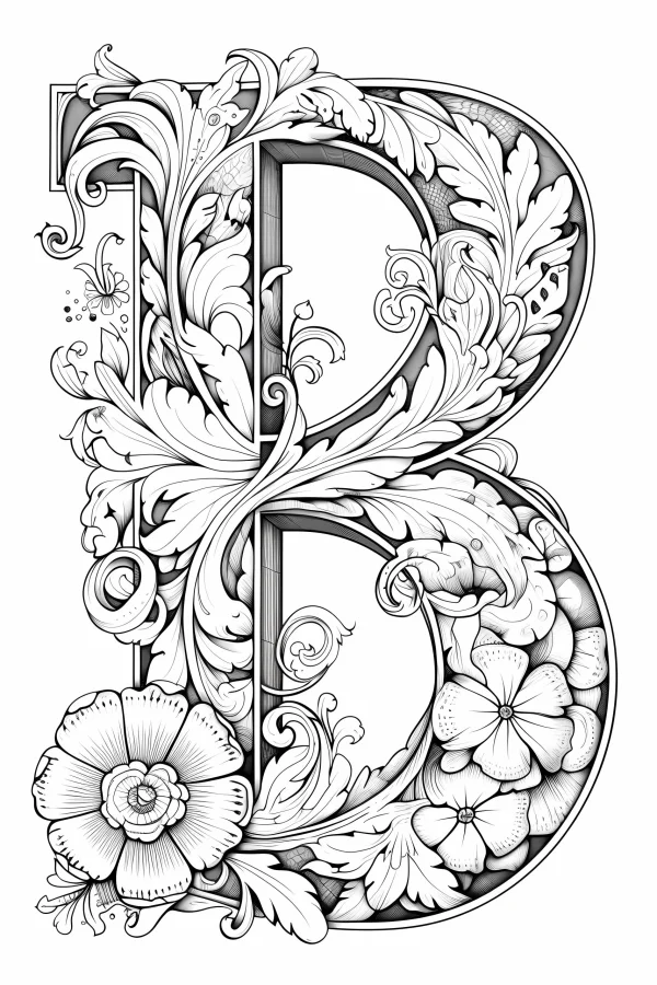 Decorative letter b with intricate floral patterns, art nouveau style — free printable letter design coloring book page
