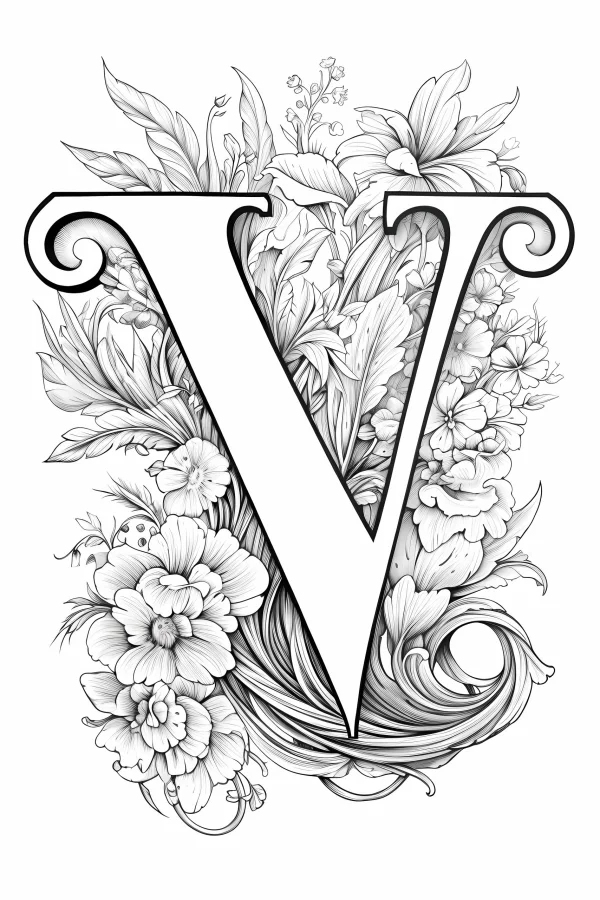 Floral decorated letter v, art nouveau style — free printable letter art coloring book page