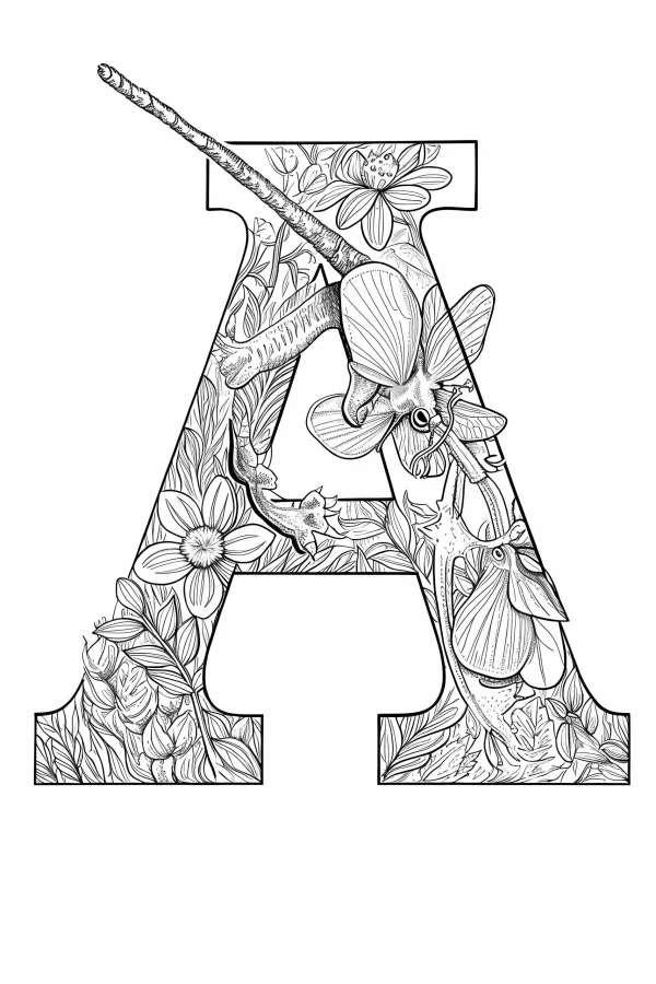 Decorative letter a filled with flowers, leaves and moth-like insects — free printable insects coloring book page