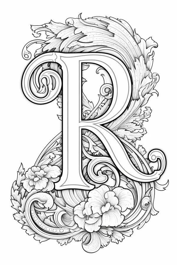 Decorative floral letter r, art nouveau style — free printable letters coloring book page